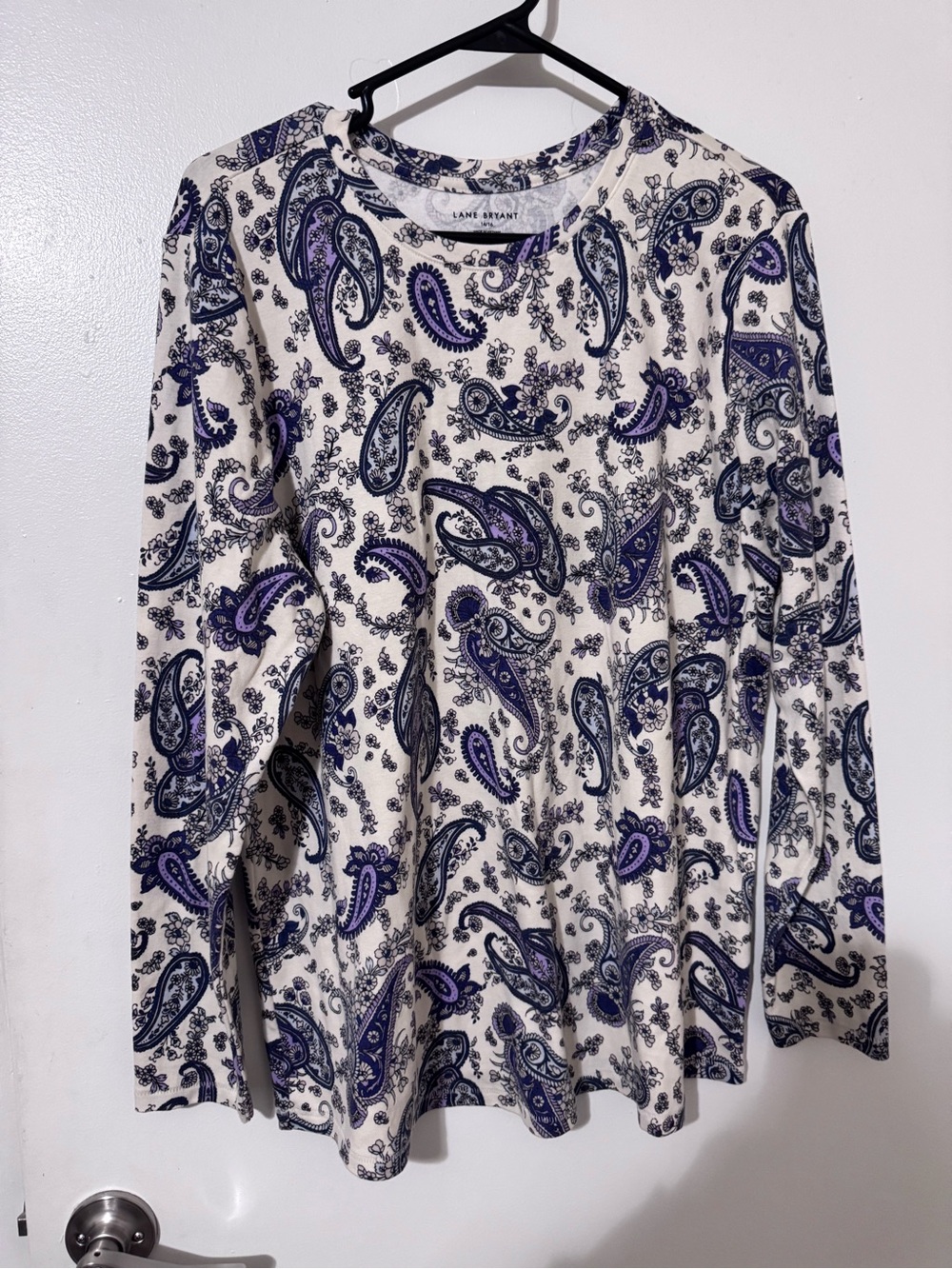 Lane Bryant Cream Long-Sleeve Paisley Top with Navy & Purple Print
